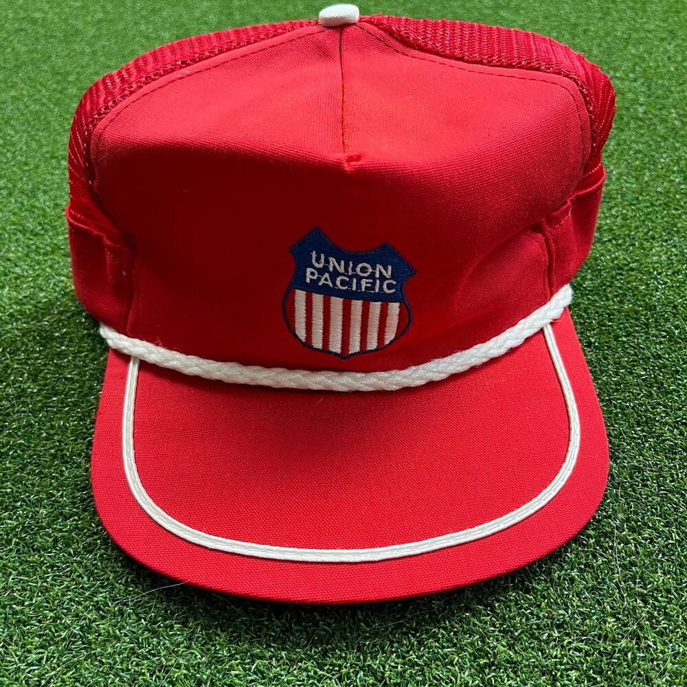 Vintage Red Union Pacific Railroad Embroidered Rope Trucker Hat Made USA